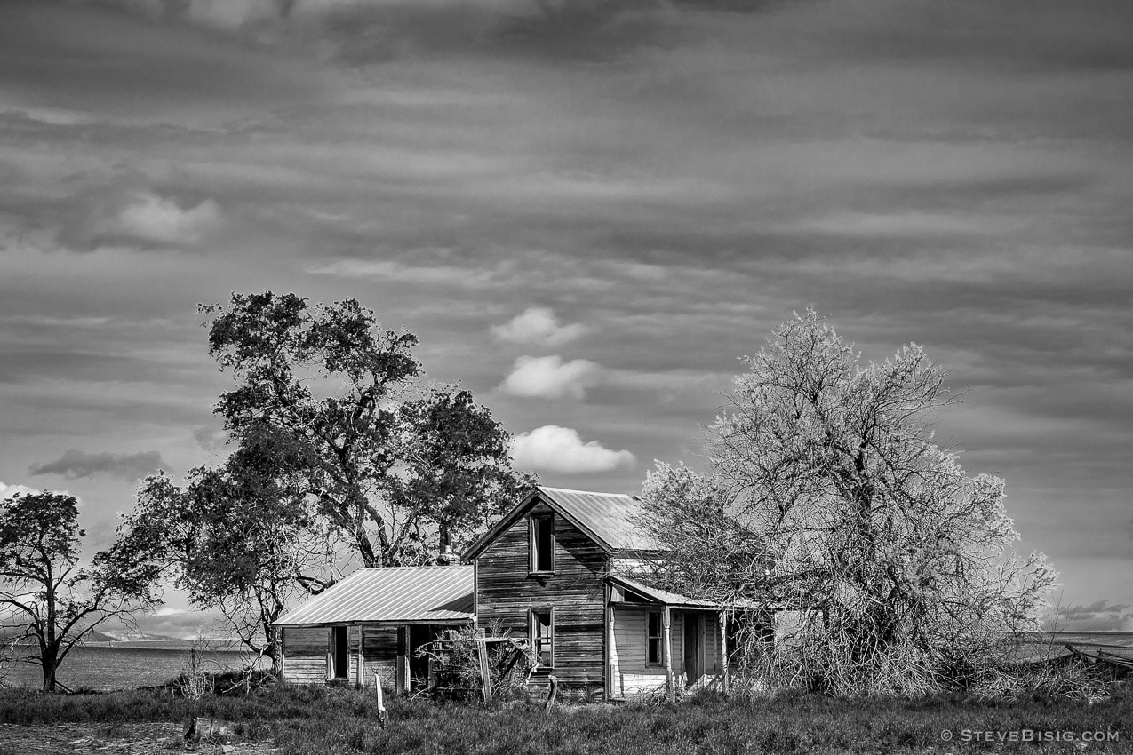 A black and white photograph of an abandoned farm on A Road SW in rural Douglas County, Washington
