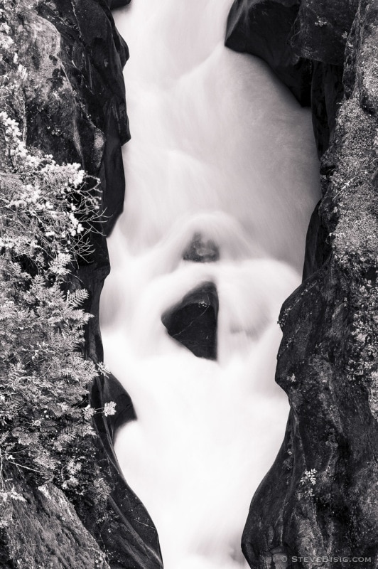 A black and white intimate landscape photograph of the Muddy Fork of the Cowlitz River as it passes through Box Canyon at Mount Rainier National Park, Washington. 