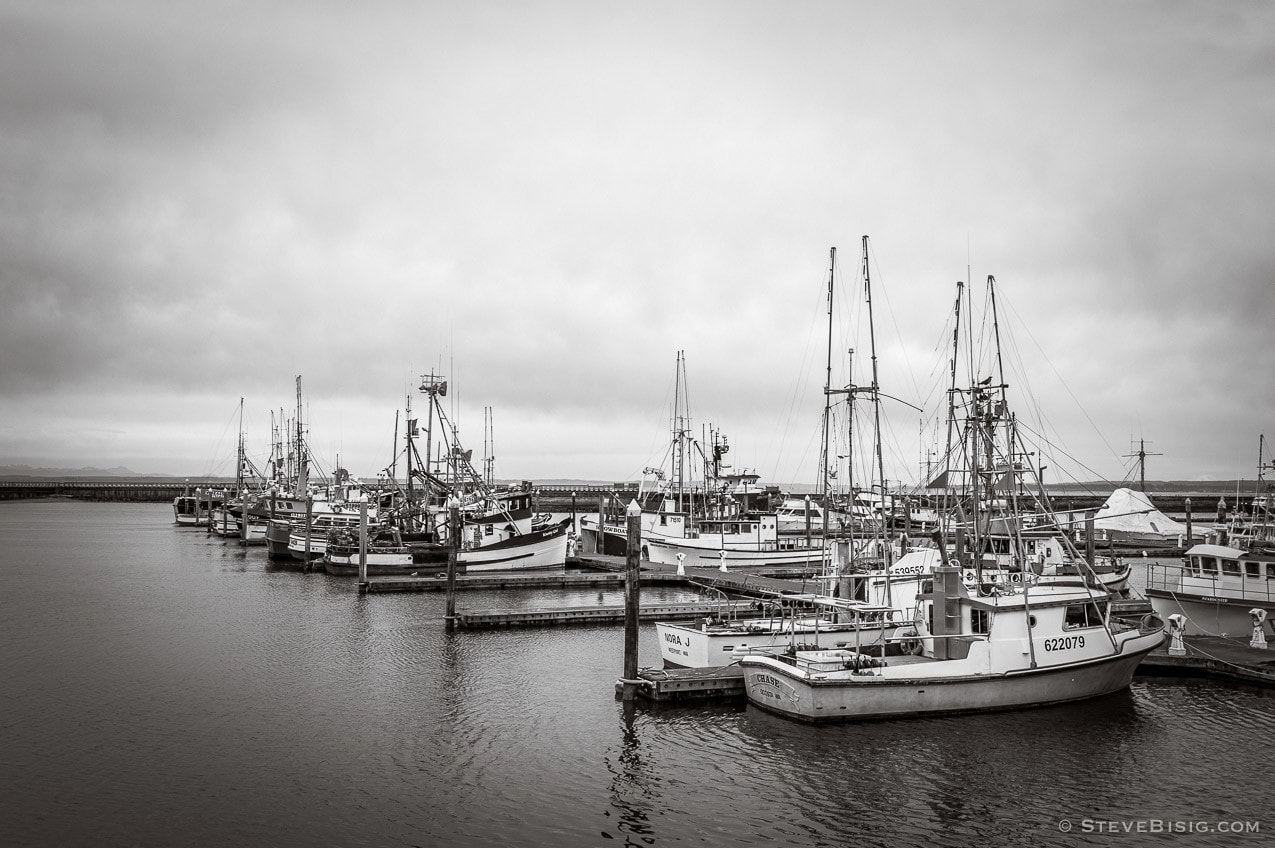 A black and white photograph of the marina and harbor at Westport, Washington.