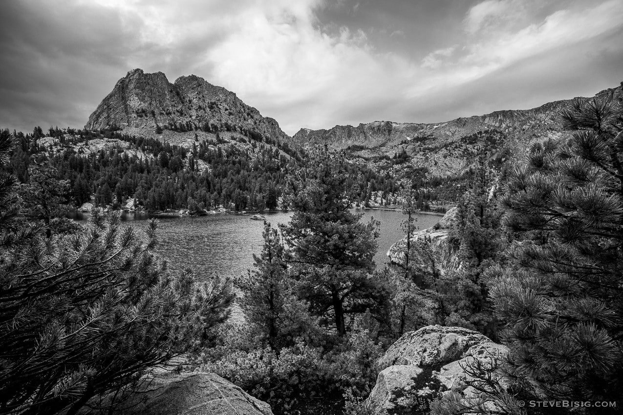 A black and white fine art photograph of the Crystal Lake basin and Crystal Craig near Mammoth Lakes, California.