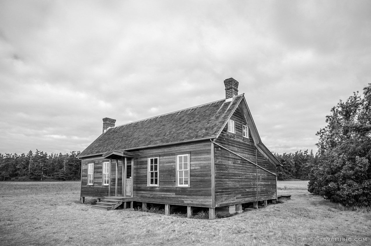 A black and white fine art photograph of the Jacob Ebey's home on Whidbey Island near Coupeville, Washington.
