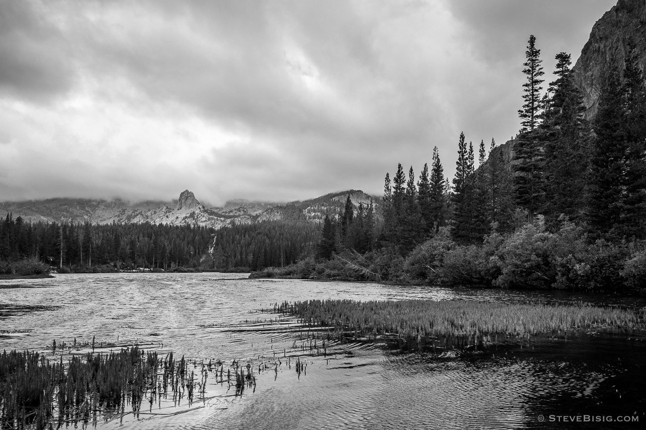 A black and white fine art landscape photograph of lower Twin Lakes near Mammoth Lakes, California.