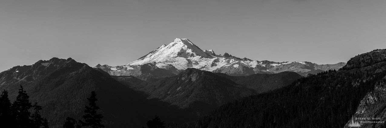 A black and white panoramic landscape photograph of Mount Baker as seen from the Yellow Aster Butte trail in Whatcom County, Washington.