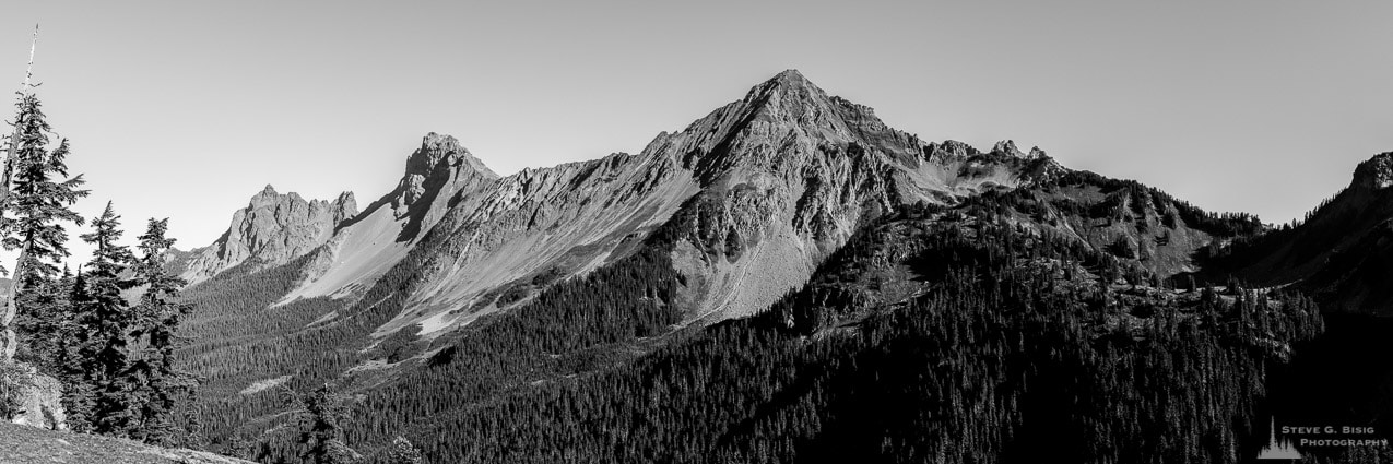 A black and white panoramic landscape photograph of Mount Larrabee and American Border Peak in the North Cascades of Washington State as viewed from Gold Run Pass.