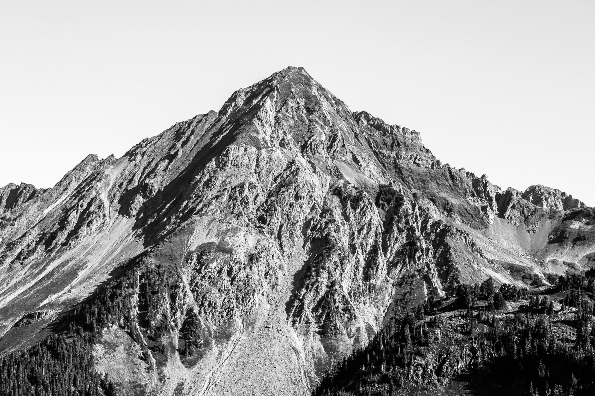A black and white landscape photograph of Mount Larrabee in the North Cascades of Washington State as viewed from Gold Run Pass.