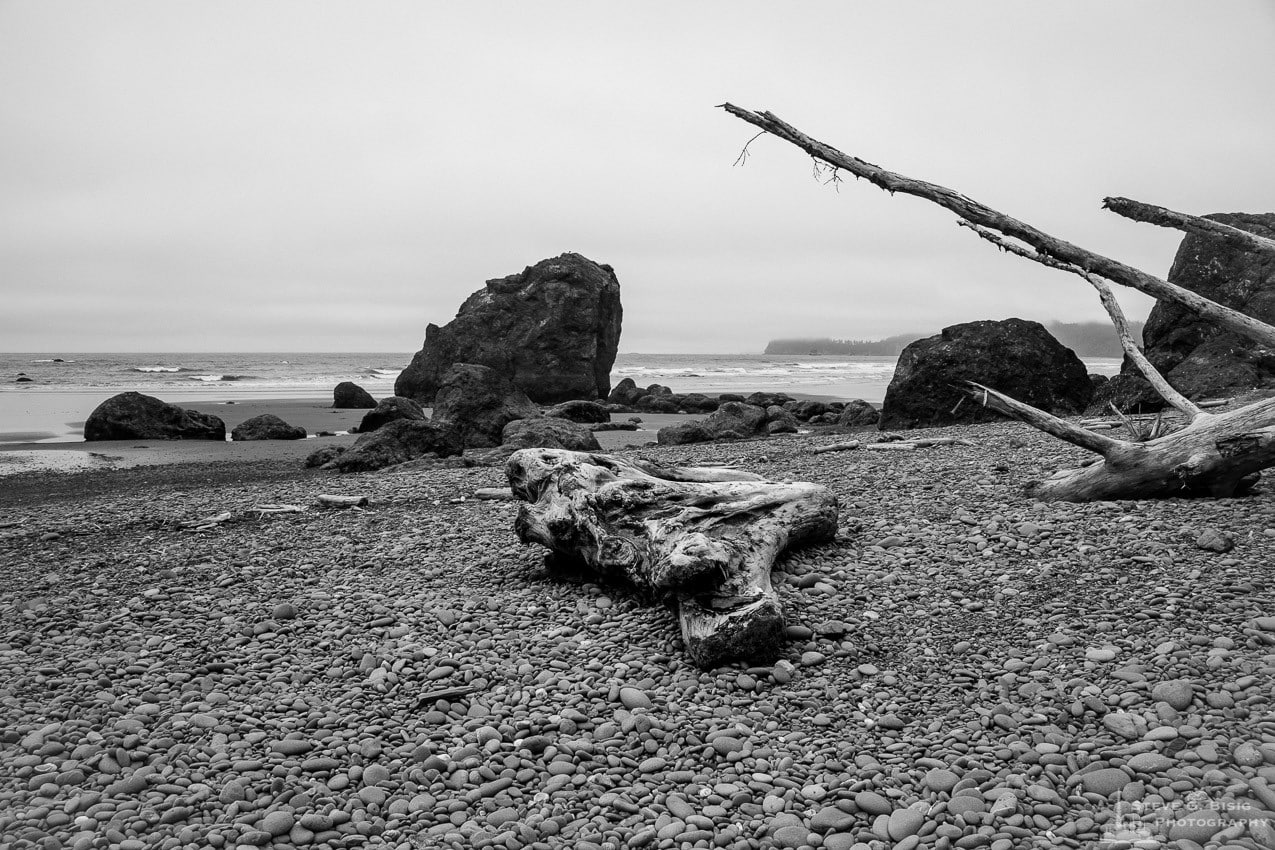 A black and white landscape photograph of the rocky shoreline at Ruby Beach in the Olympic National Park in Washington State.