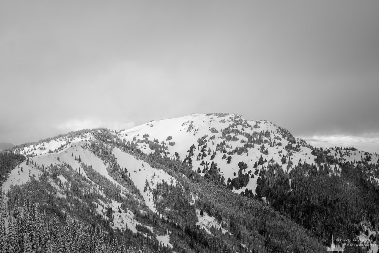A black and white photograph of Griff Peak and Hurricane Hill as seen from Hurricane Ridge on a Winter day in the Olympic National Park, Washington.