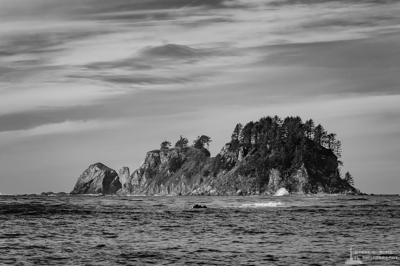 A black and white photograph of Ozette Island and the Pacific Ocean as viewed from Cape Alava in the Olympic National Park, Washington.