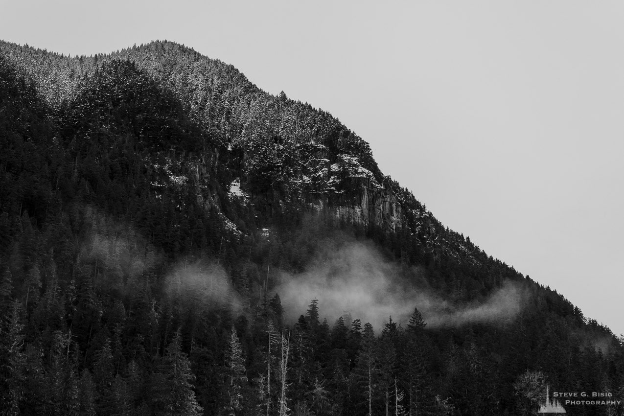 A black and white landscape photograph of the shoulder of Tirzah Peak as viewed from the Carbon River Valley at Mount Rainier National Park, Washington.
