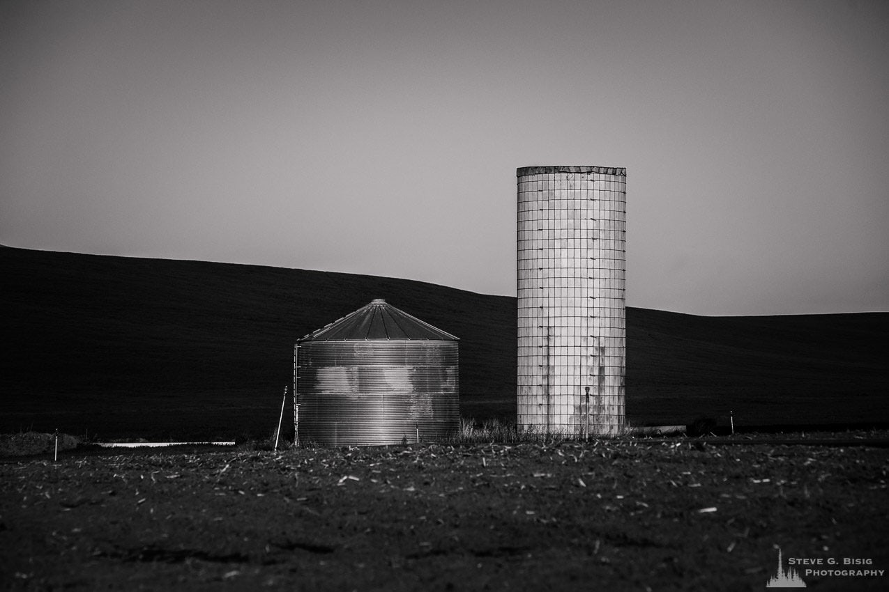 An old and new grain silo in rural Kittitas County near Ellensburg, Washington.