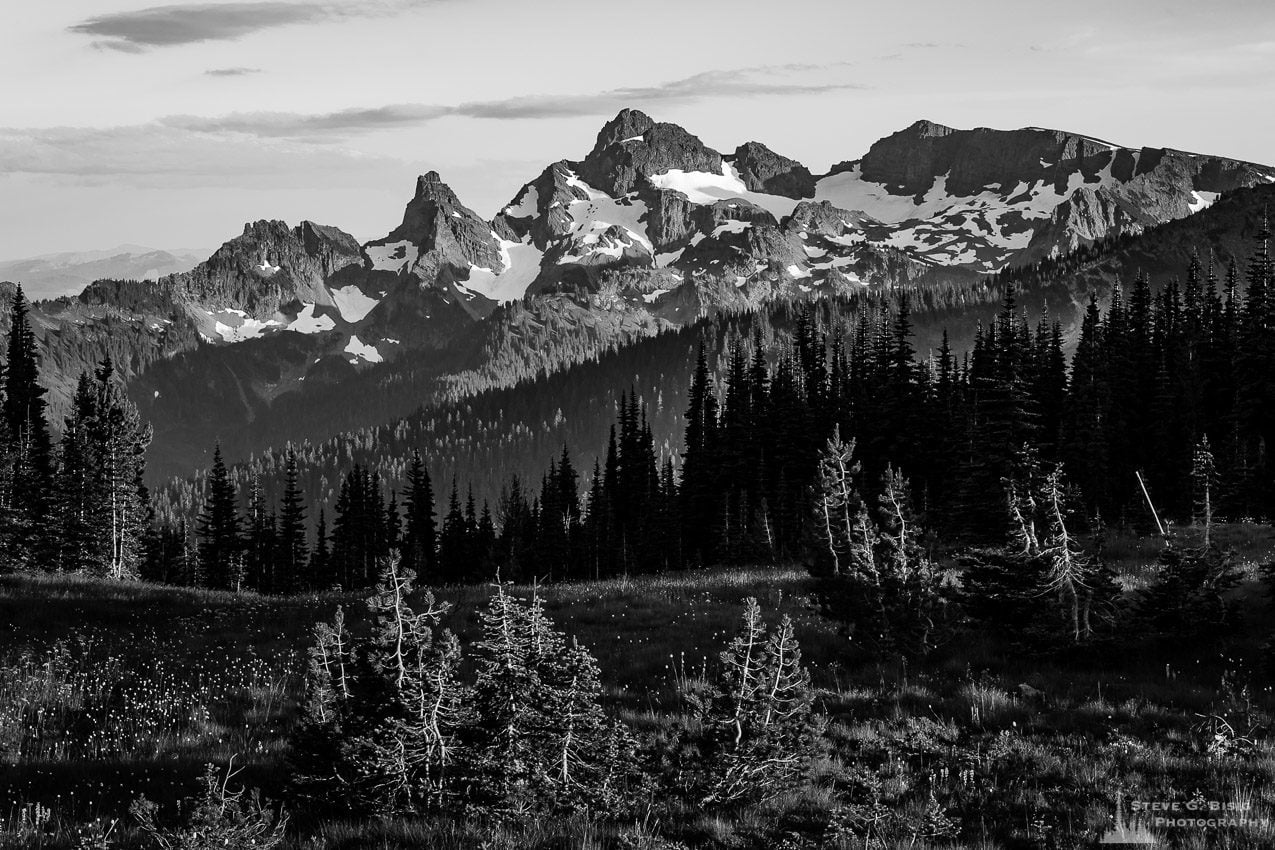 A black and white landscape photograph of the Cowlitz Chimneys as viewed from the alpine meadows in the Sunrise area of Mount Rainier National Park, Washington.
