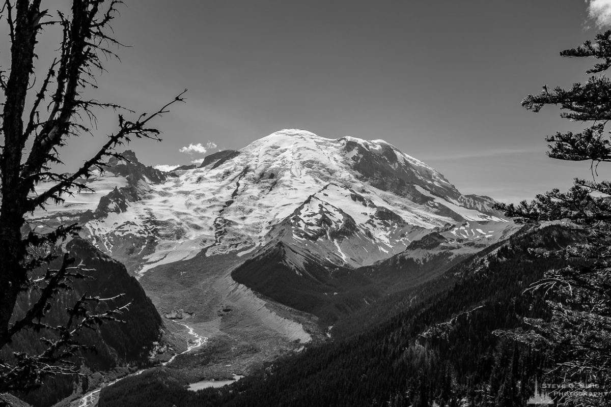 A black and white landscape photograph of Mount Rainier from Emmon's Vista in the Sunrise area of Mount Rainier National Park, Washington.