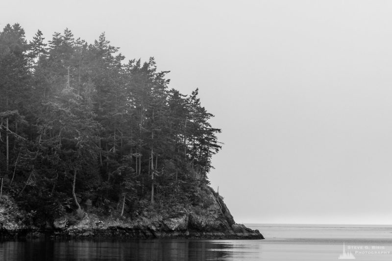 A black and white landscape photograph of Reservation Head at the mouth of Bowman Bay on a foggy Summer morning at Deception Pass State Park, Washington.