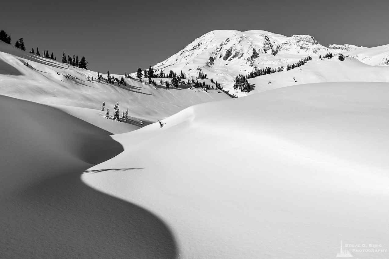 A black and white landscape photograph of shadows in the snow created by a creekbed meandering upwards towards Mount Rainier. This image was captured on a sunny winter day in the Paradise area of Mount Rainier National Park, Washington.