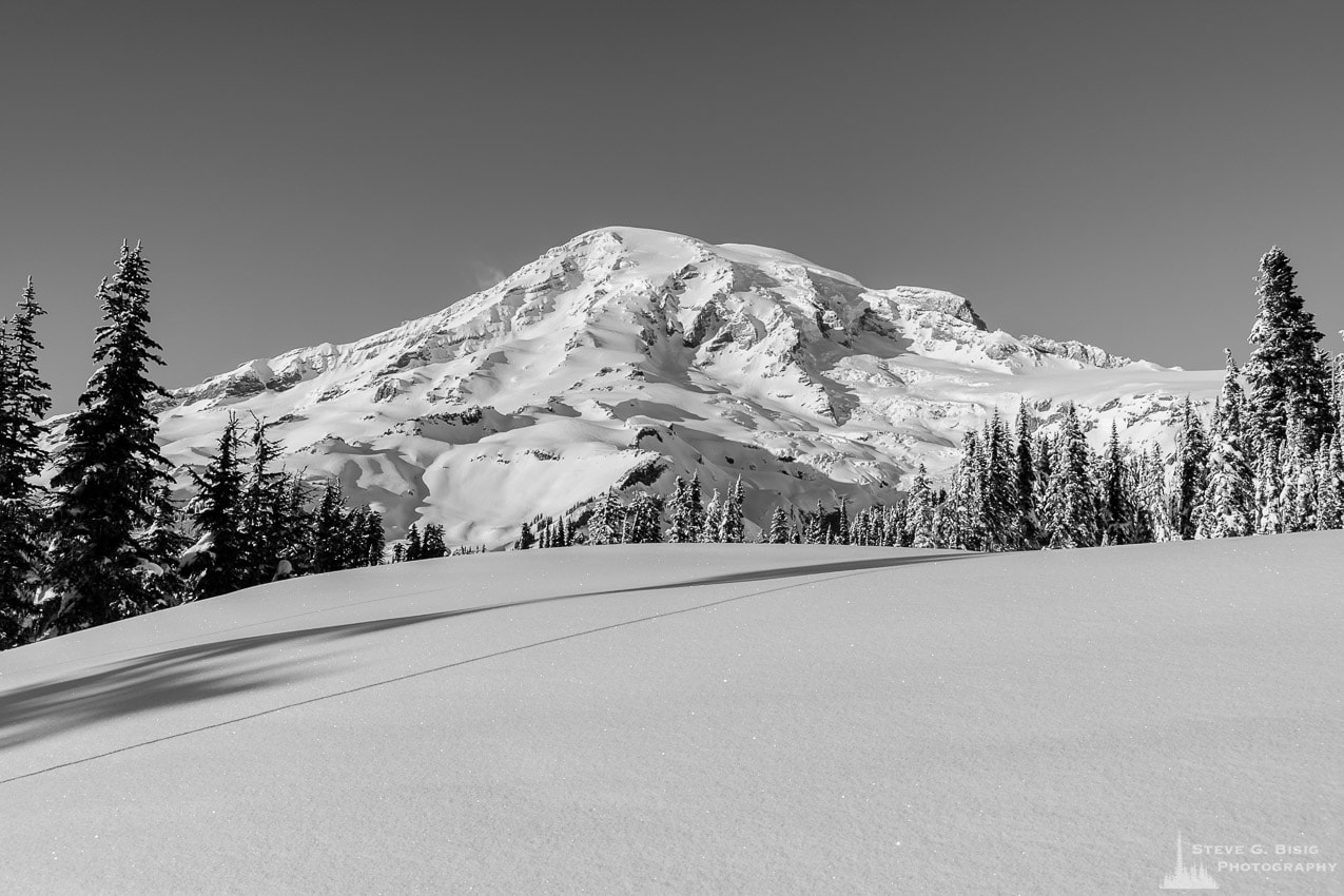 A black and white landscape photograph of Mount Rainier as viewed from the snow-covered mountain meadows, captured on a sunny winter day in the Paradise area of Mount Rainier National Park, Washington.