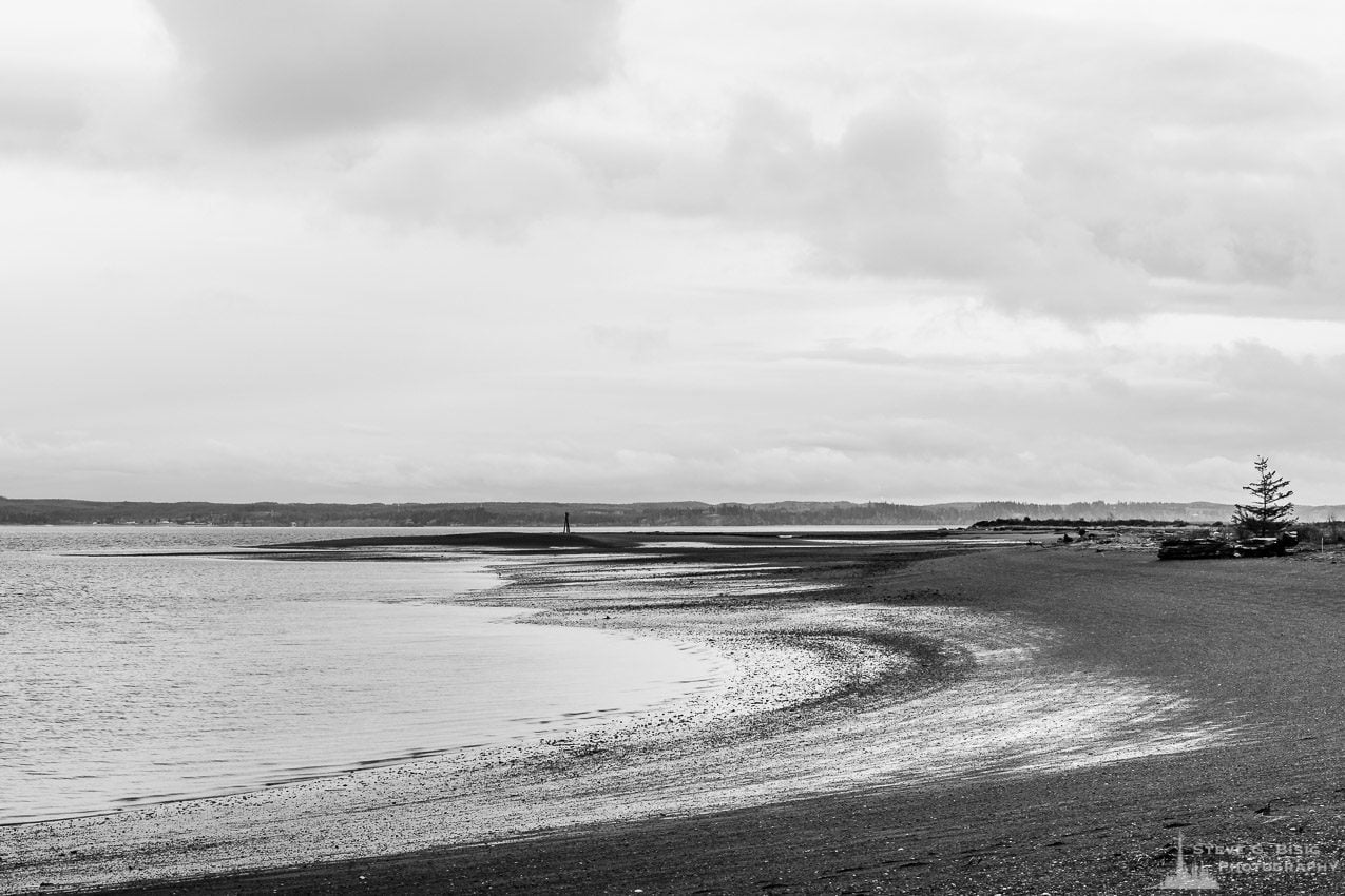 A black and white landscape photograph of the beach along Armstrong Bay on Protection Island at Ocean Shores, Washington.