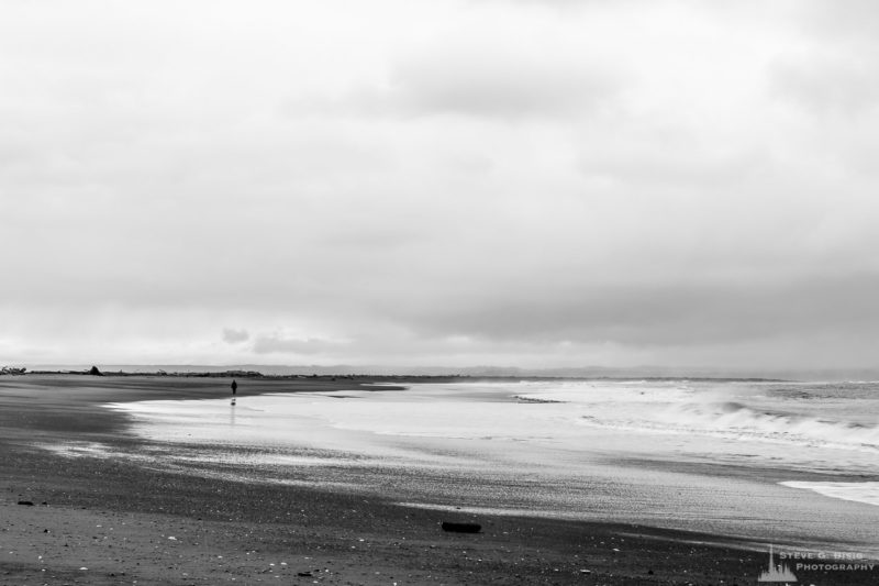 A black and white landscape photograph of the beach along Protection Island at Ocean Shores, Washington.