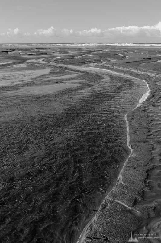A black and white landscape photograph of a creek flowing into the Pacific Ocean at South Beach in Grays Harbor County near Grayland, Washington.