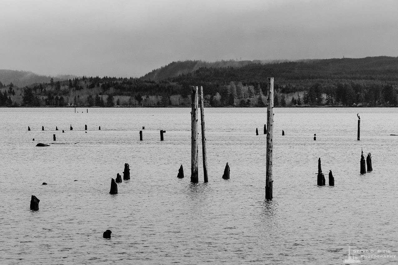A black and white landscape photograph of Grays Harbor at Hoquiam, Washington.