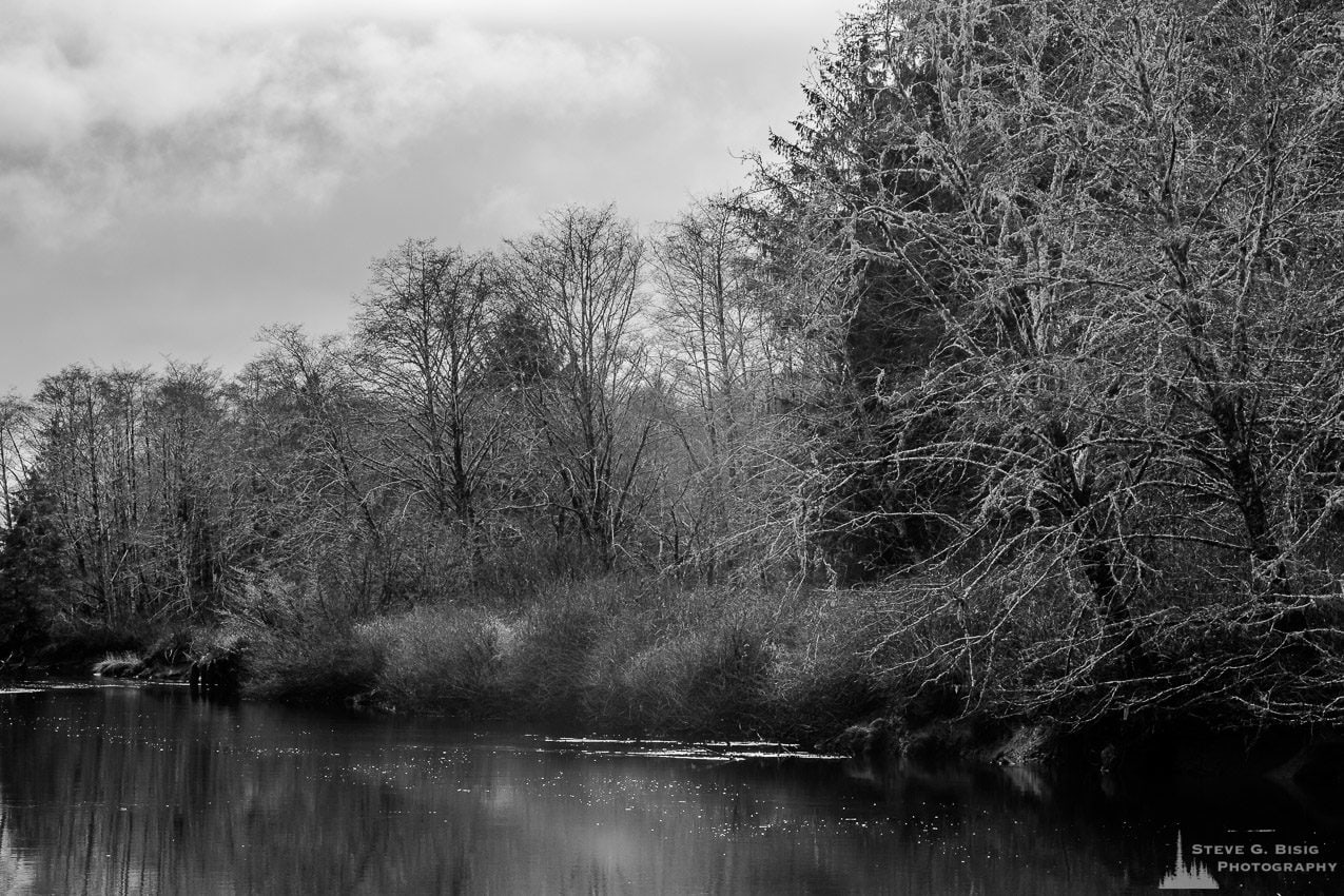 A black and white landscape photograph of the Humptulips River in rural Grays Harbor County, Washington.