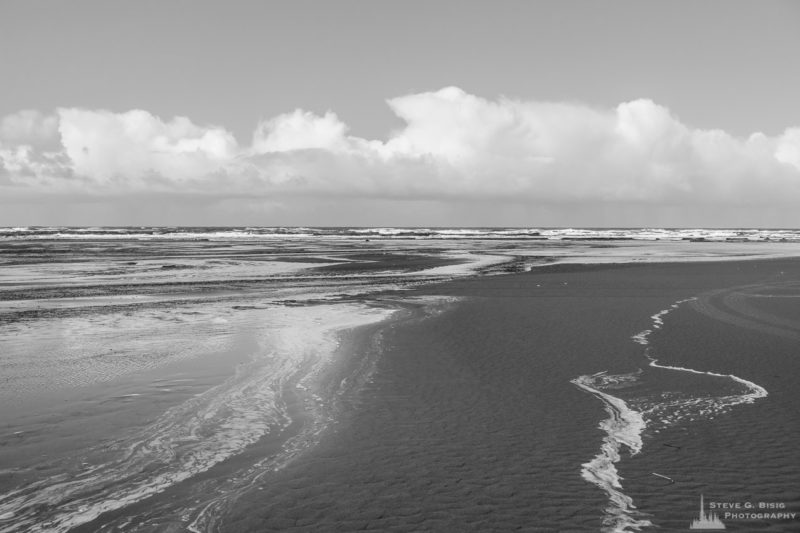 A black and white landscape photograph of the Pacific Ocean along South Beach in Pacific County, Washington.