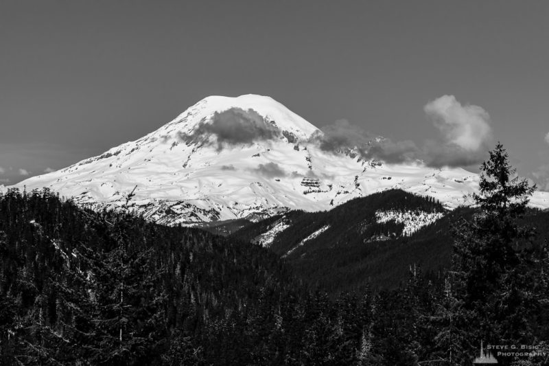 A black and white landscape photograph of Mount Rainier as viewed from US12 in Lewis County near White Pass, Washington.