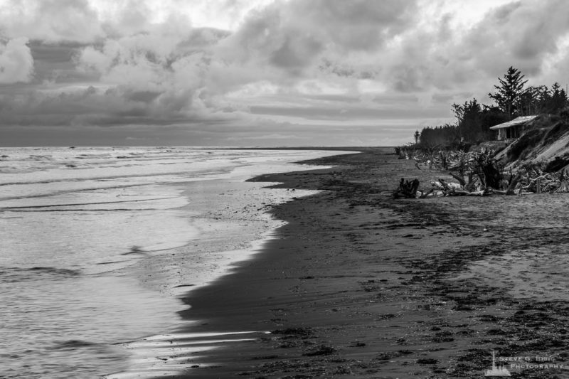 A black and white landscape photograph of the Pacific Ocean along Washaway Beach at North Cove, Washington.
