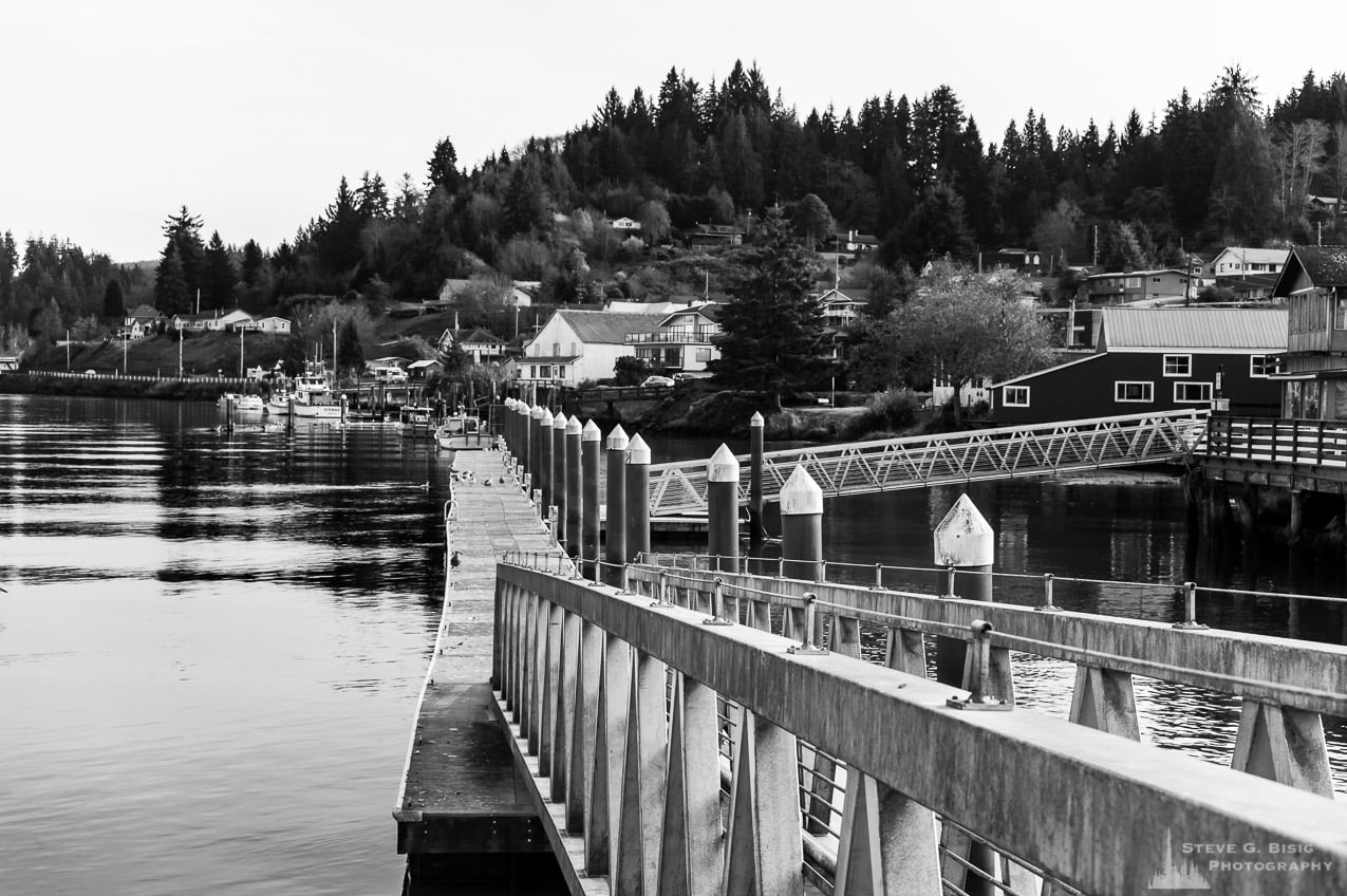 One of a series of black and white photographs captured along the banks of the Willapa River in downtown South Bend, Washington.
