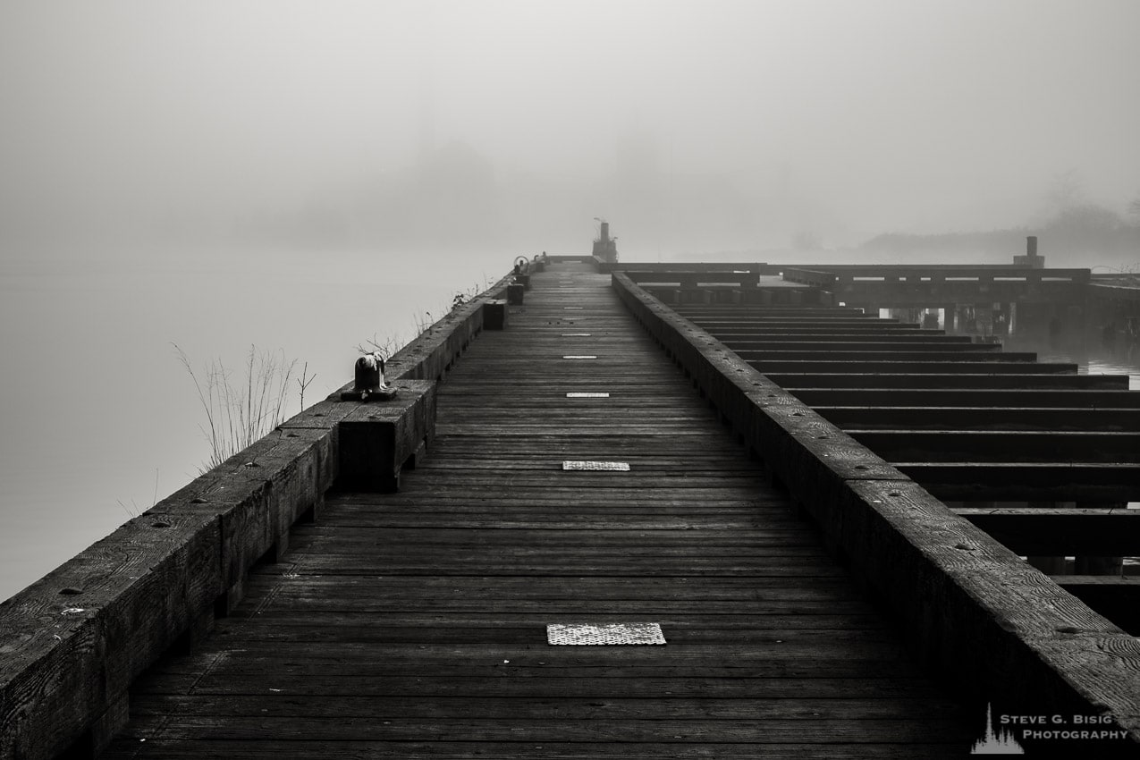 One of a series of black and white photographs of an old wharf along the Willapa River on a foggy autumn morning in Raymond, Washington.