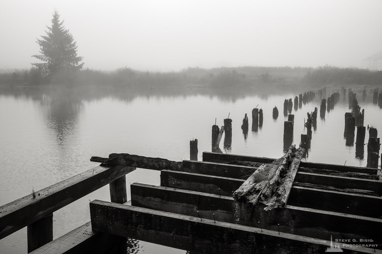 One of a series of black and white photographs of an old wharf along the Willapa River on a foggy autumn morning in Raymond, Washington.