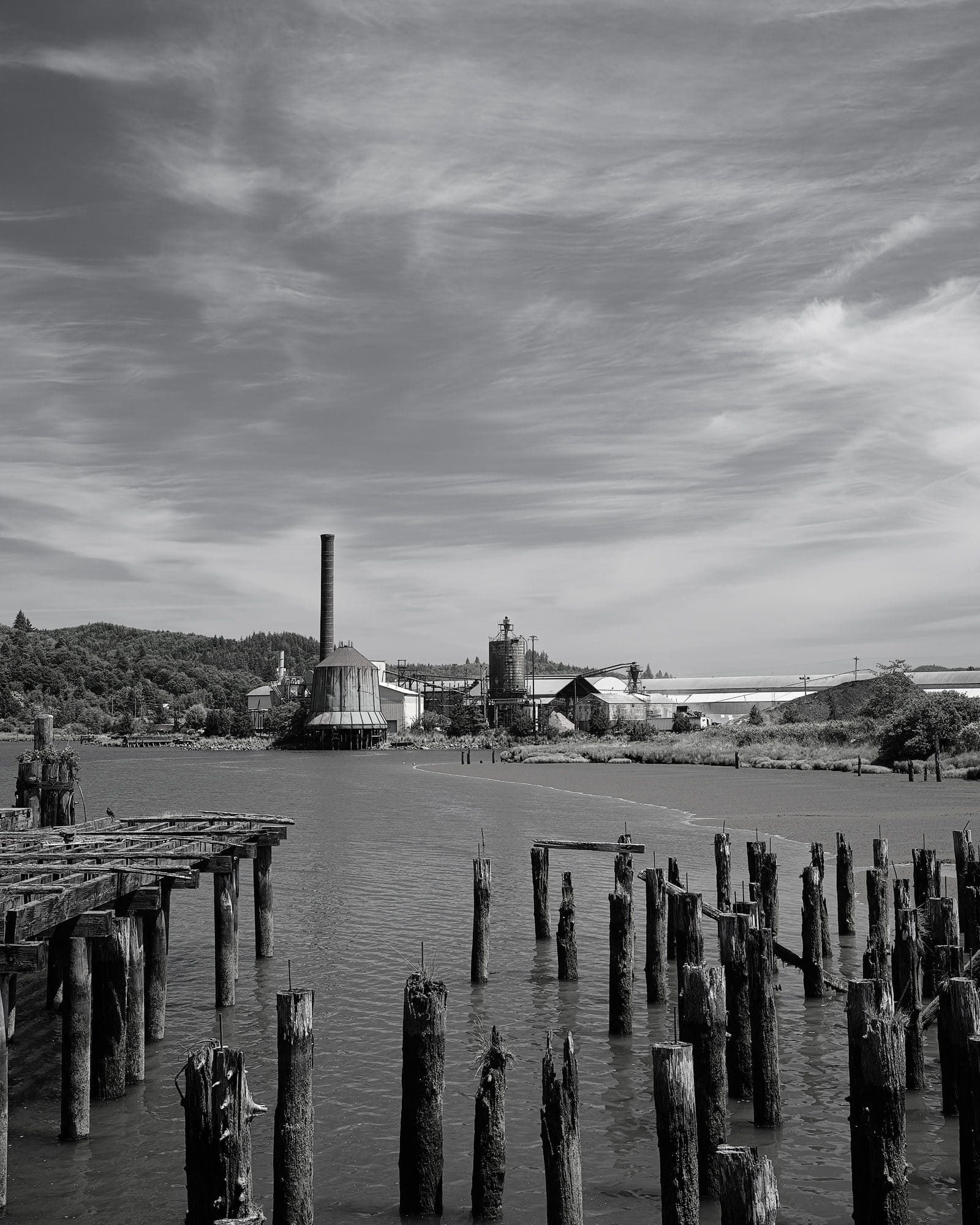 A black and white photograph of the Weyerhaeuser Mill along the Willapa River in Raymond, Washington.