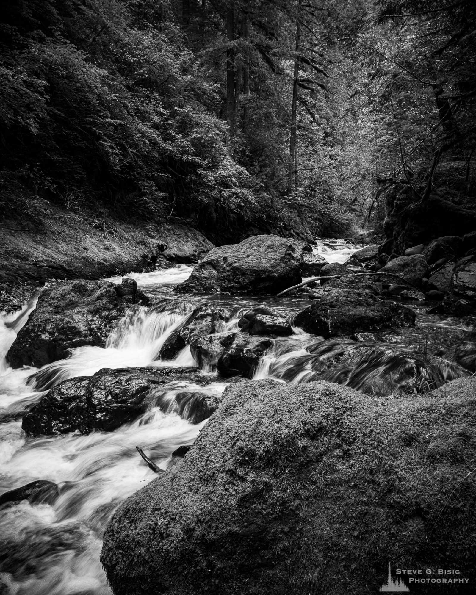 A black and white landscape photograph of a rocky stream bed found along Forest Road 52 (Skate Creek Road) in the Gifford Pinchot National Forest, Washington.