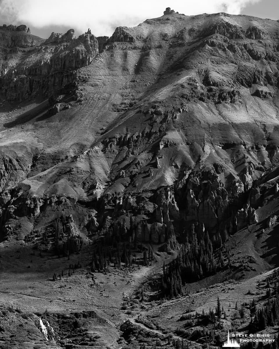 This black and white landscape photograph of Stony Mountain was captured along the Governor Basin Road near Ouray, Colorado.