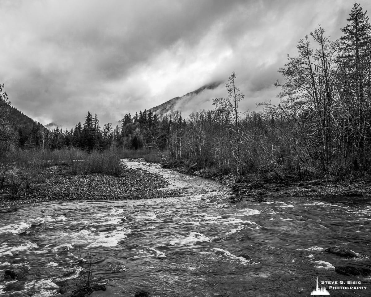 A black and white landscape photograph of the North Fork Tilton River valley at the confluence with the Tilton River in rural Lewis County, Washington.