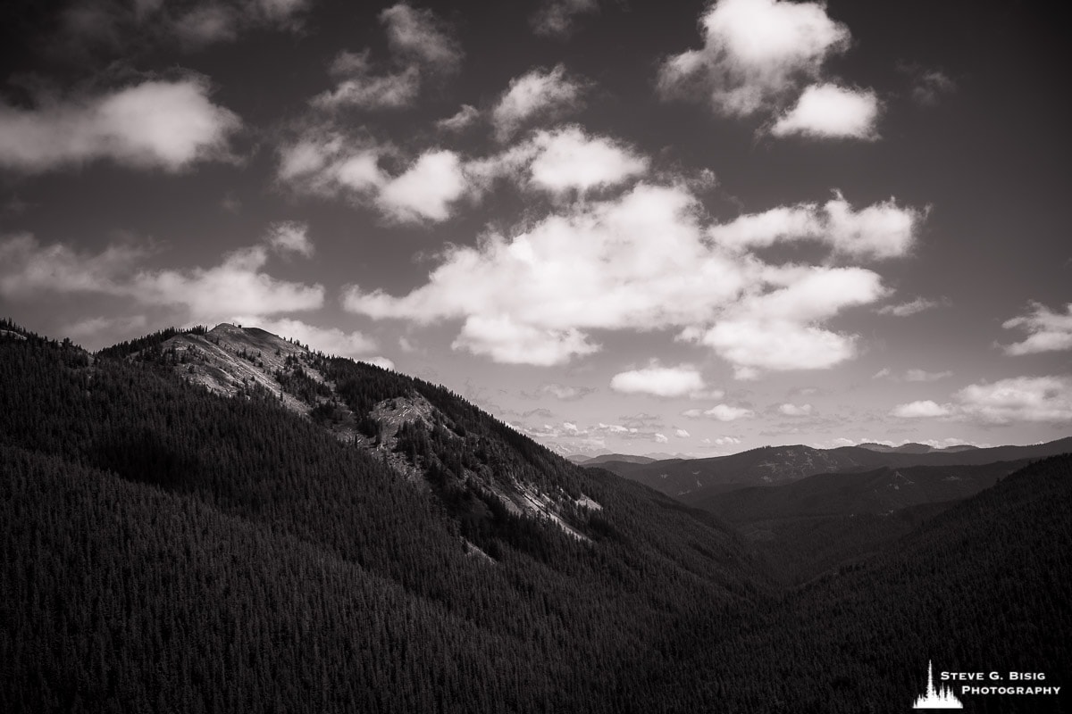 A black and white landscape photograph of Sawmill Ridge and the Twin Camp Creek Valley near Greenwater, Washington.