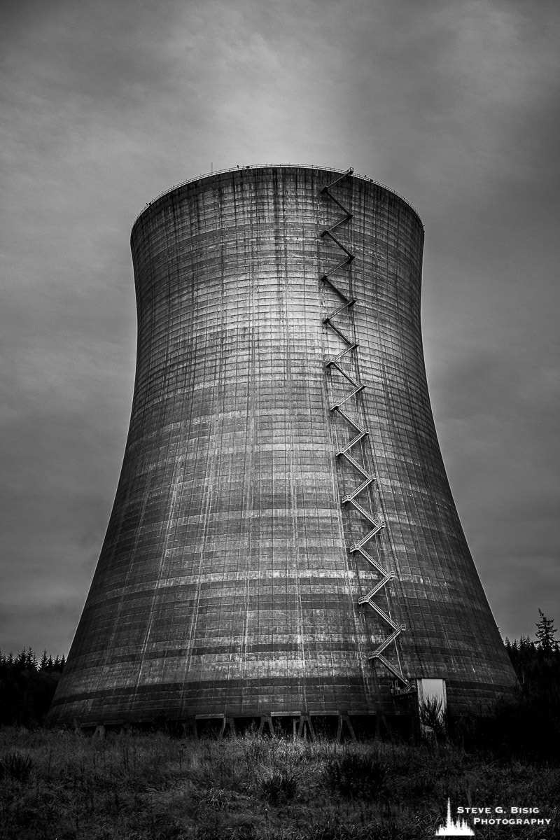 A black and white photograph of one of the old cooling towers from an unfinished nuclear power plant near Elma, Washington.
