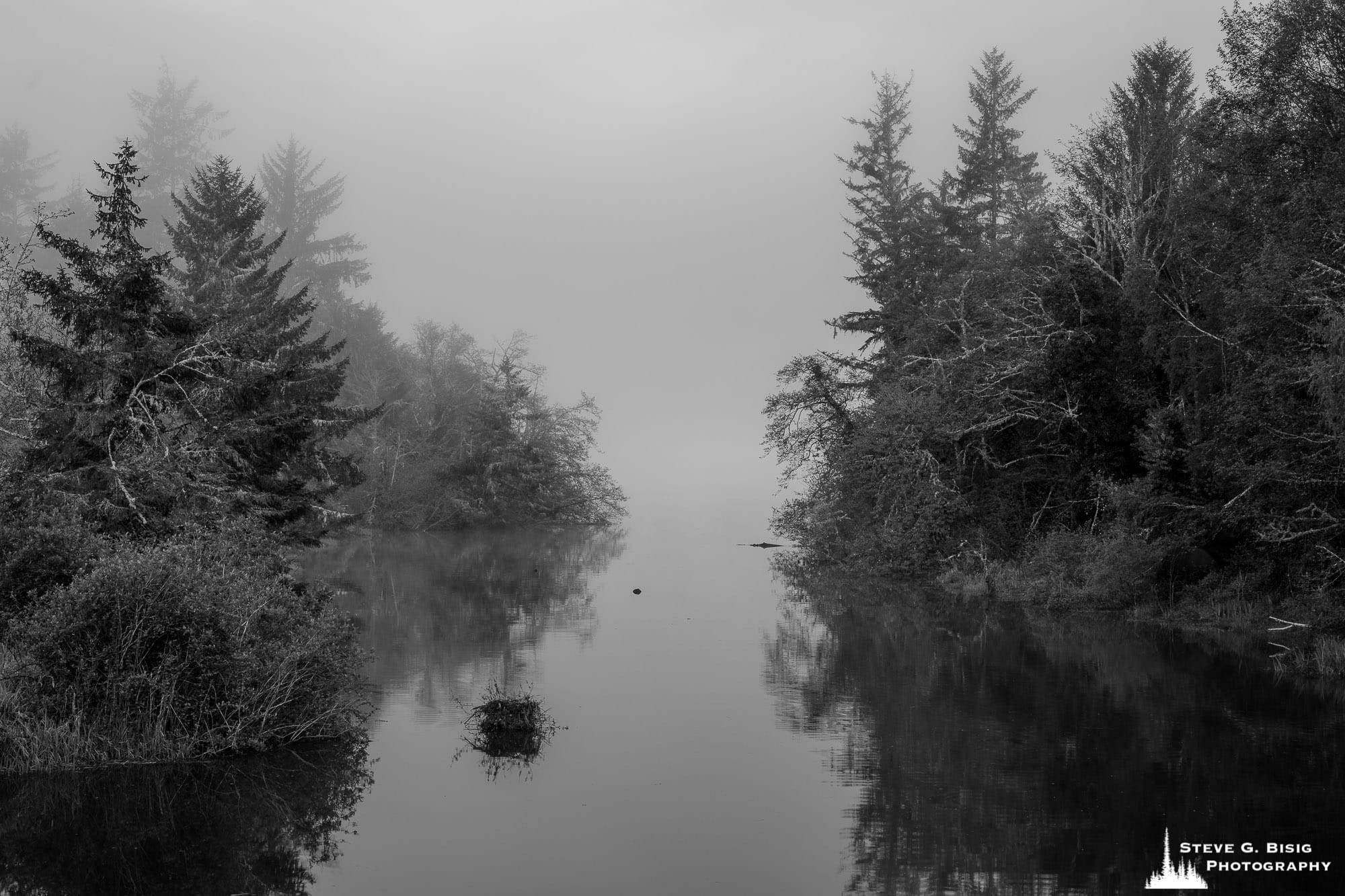 A black and white landscape photograph of Crooked Creek near its mouth along the Columbia River, Washington.