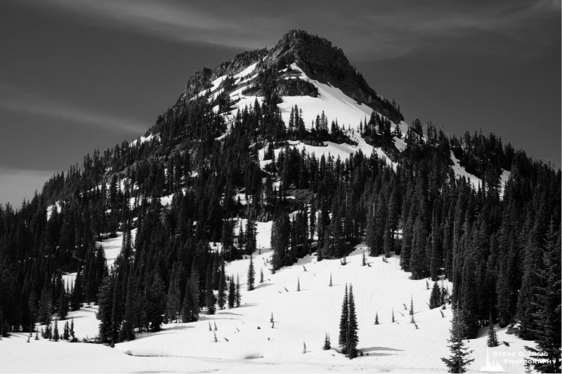 A black and white landscape photograph of a late-spring, snow covered Yakima Peak near Cayuse Pass in Mt. Rainier National Park, Washington.