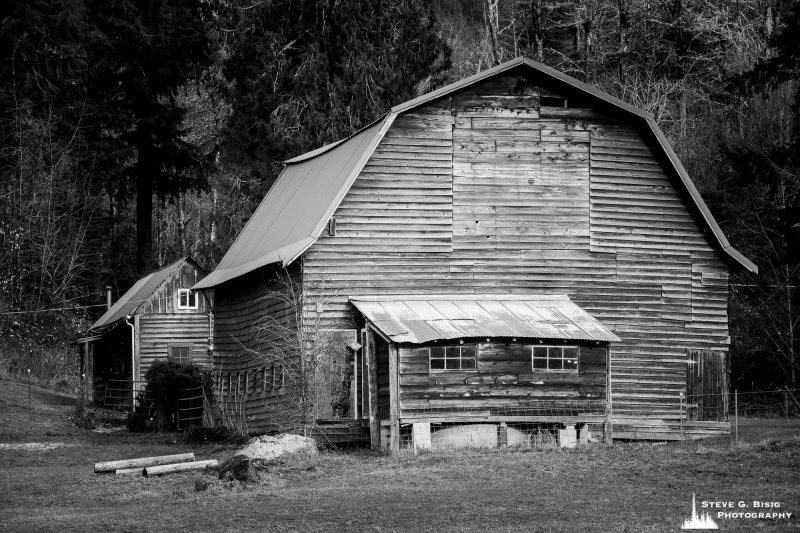 A black and white photograph of an old barn in rural Lewis County, Washington.