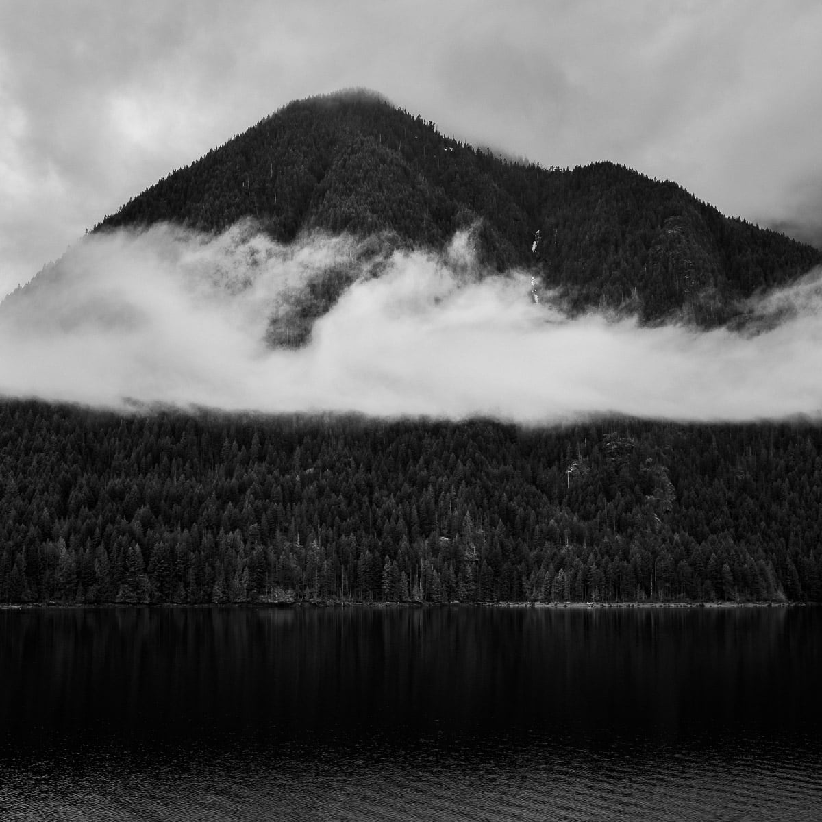 A black and white landscape photograph of Timber Mountain overlooking Lake Cushman, Washington.