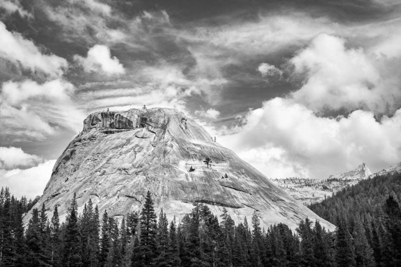 A black and white landscape photograph of Fairview Dome on an autumn day in Yosemite National Park, California.