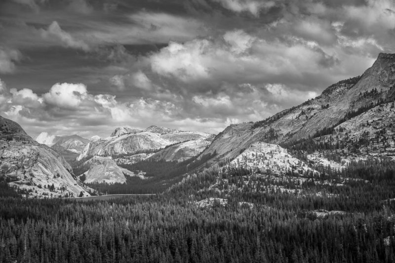 A black and white landscape photograph of the high Sierra, looking towards Tenaya Lake on an autumn day in Yosemite National Park, California.