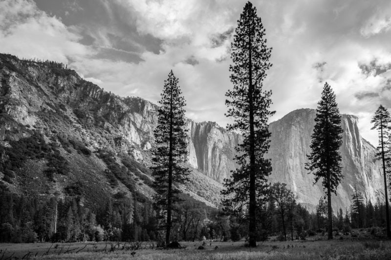 A black and white landscape photograph of the Yosemite Valley in Yosemite National Park, California on an autumn morning.