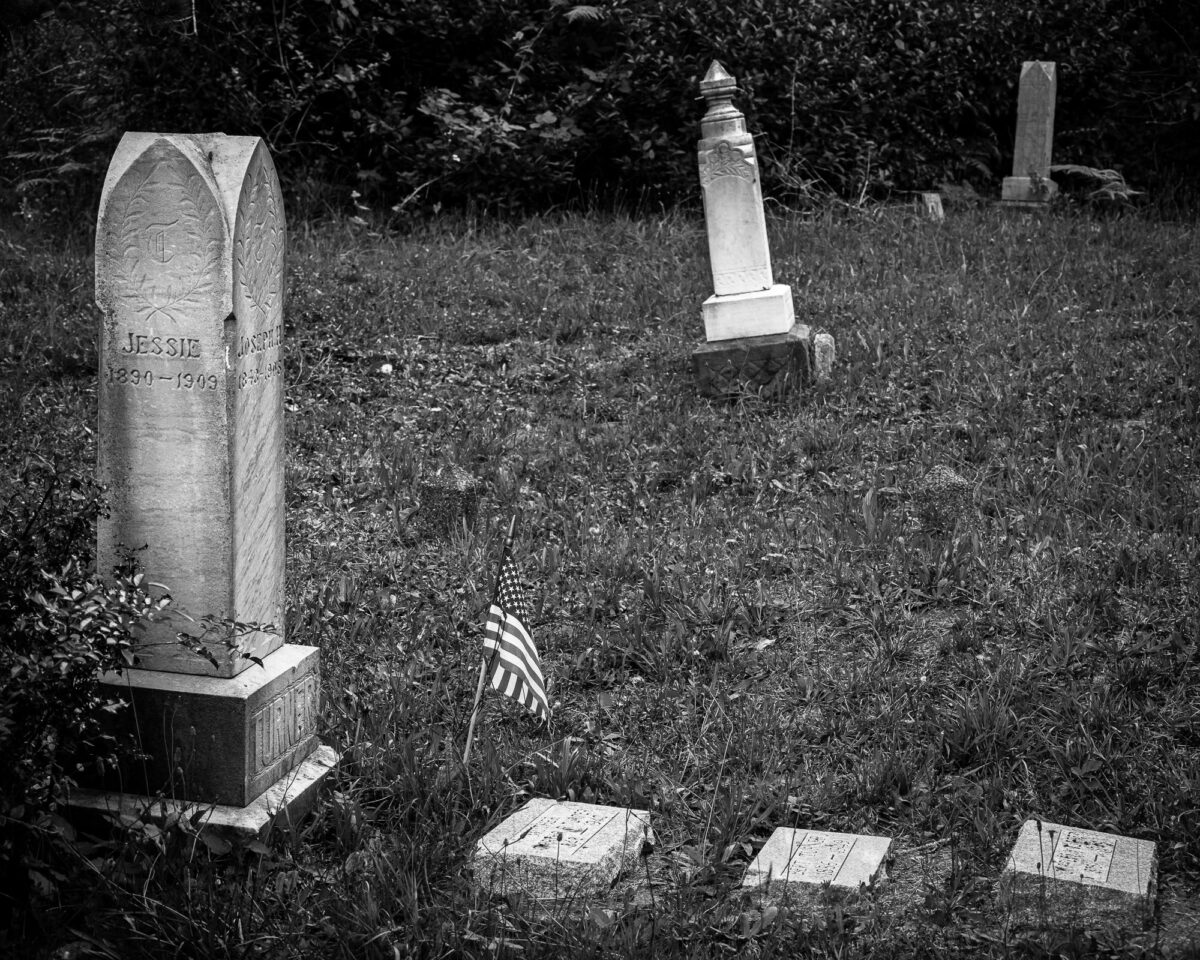 Image 7 of a series of 13 black and white photographs from the Pioneer Cemetery in Bay Canter, Washington.