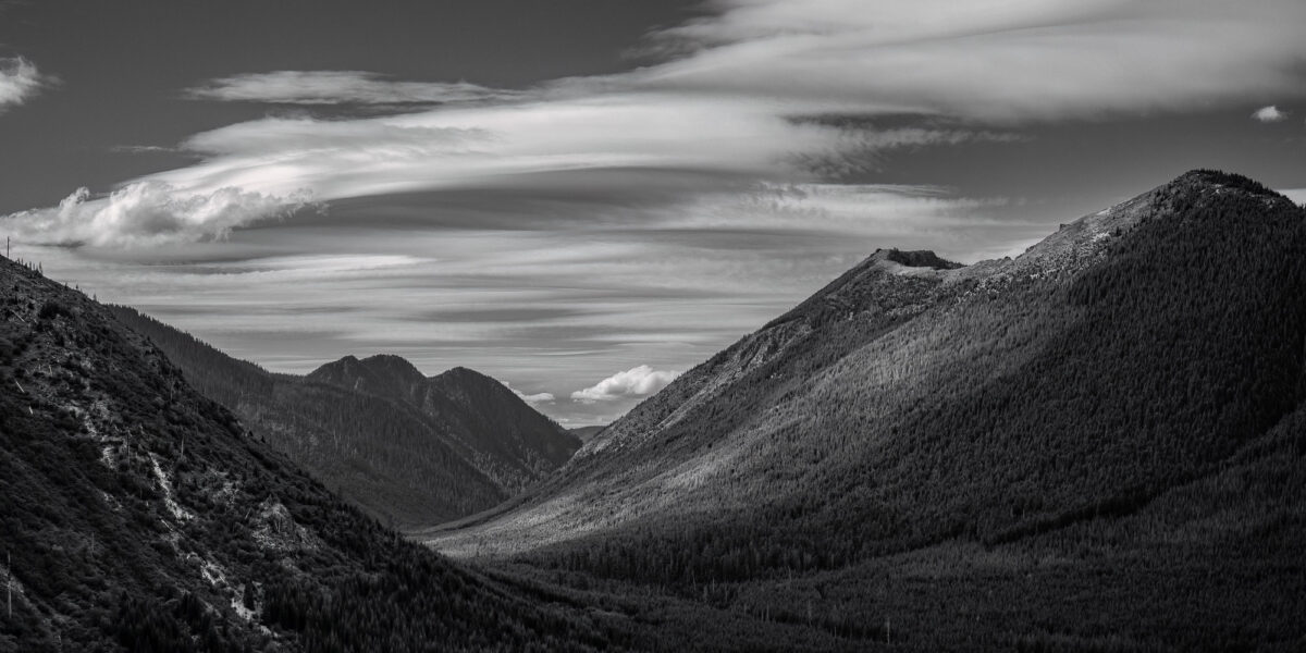 A black and white panoramic landscape of the Green River Valley and Goat Mountain in the Gifford Pinchot National Forest in Skamania County, Washington.