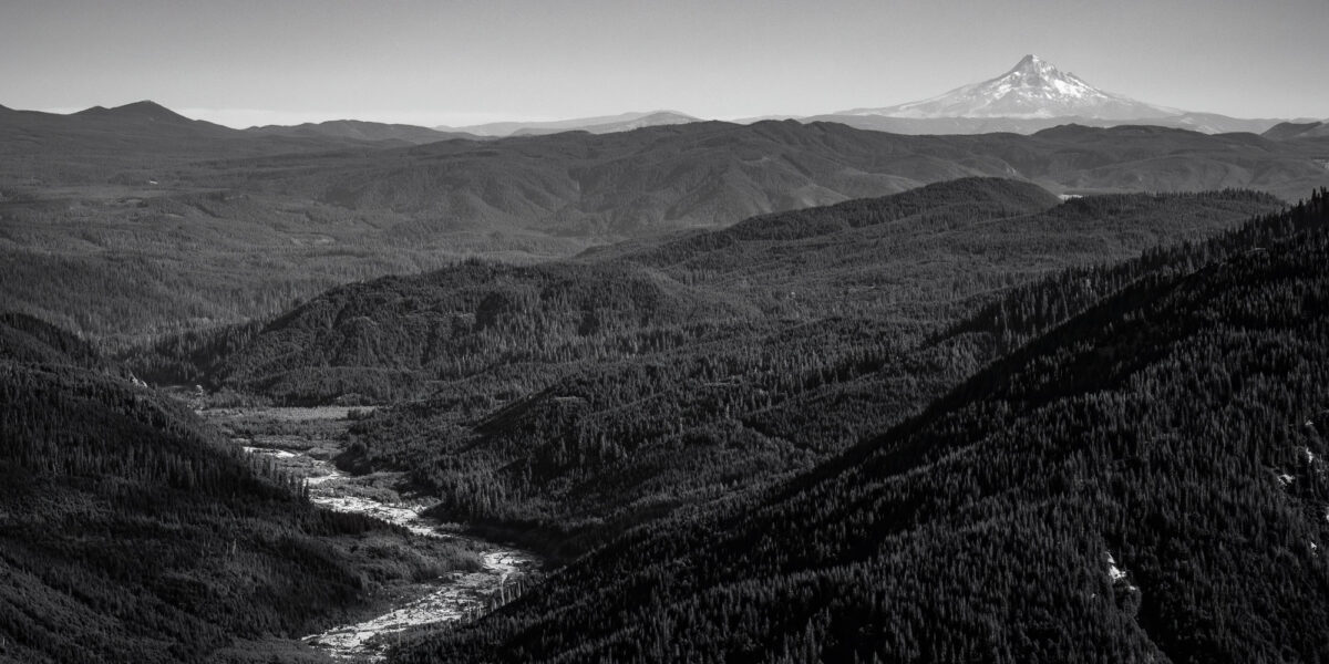 A black and white panoramic landscape photograph of the Smith Creek Valley and Mt. Hood from near Mt. St. Helens in Skamania County, Washington.