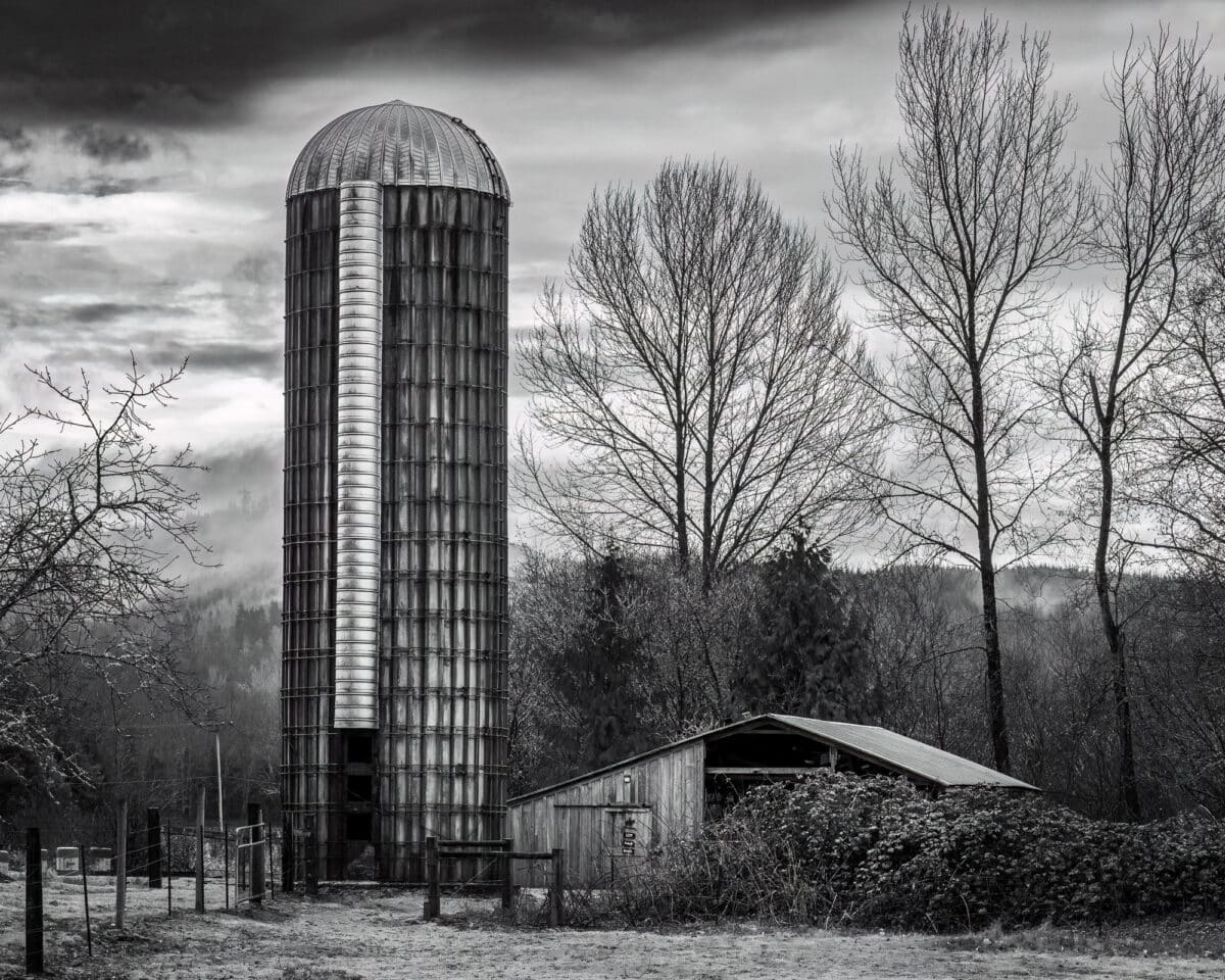 A black and white rural landscape photograph of an old silo and barn on a Grays Harbor County, Washington farm.