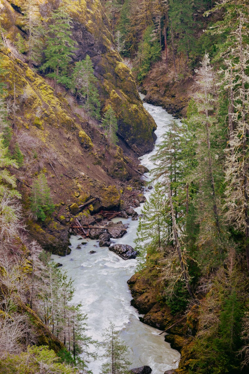 A landscape photograph of the South Fork Skokomish River as viewed downstream from the High Steel Bridge in the Olympic National Forest along FR2340 in rural Mason County, Washington.