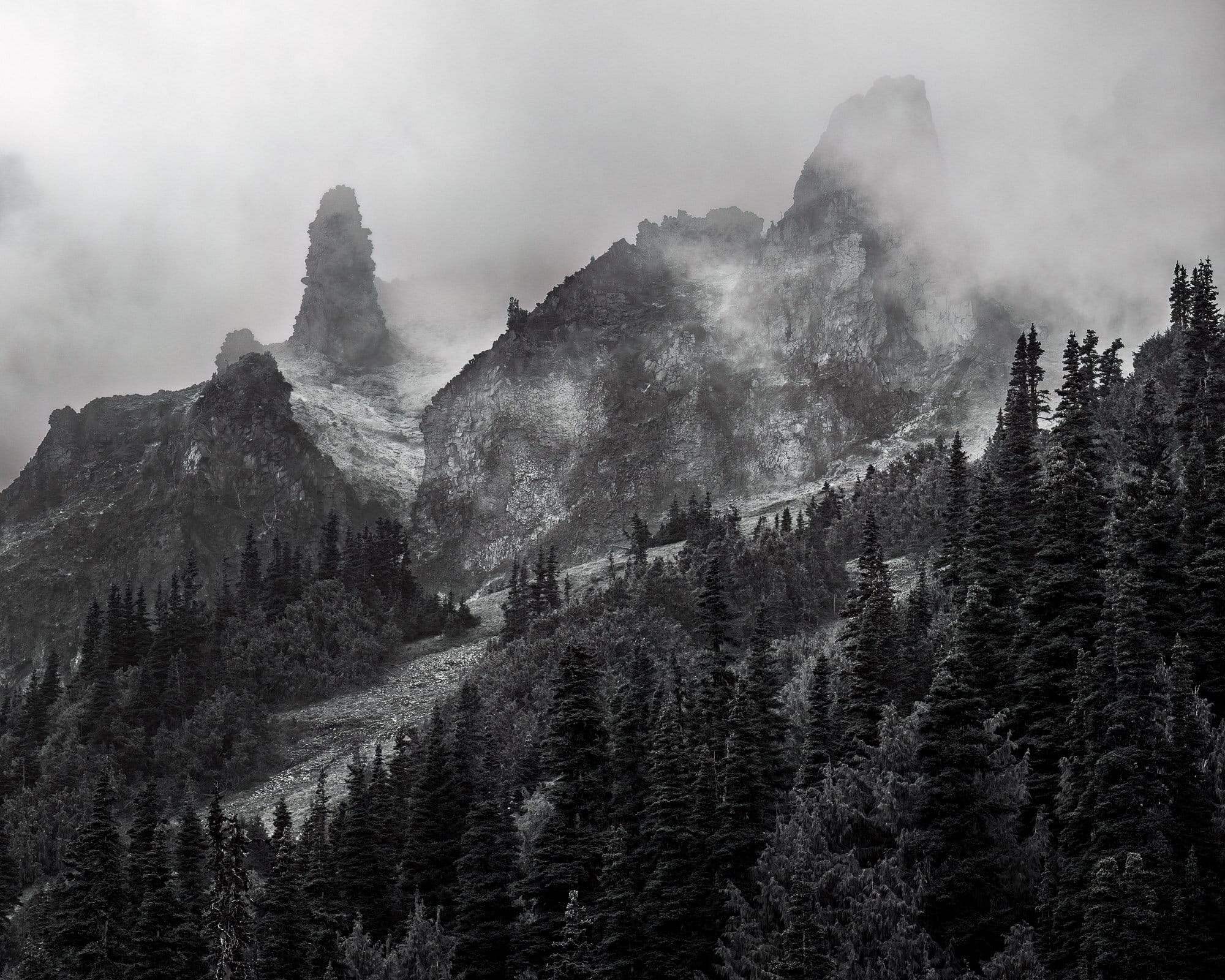 Nature's canvas in black and white. A misty veil drapes over the pinnacles below 3rd Burroughs Mountain, as captured in this landscape photograph from the Glacier Basin Trail in Mt. Rainier National Park, Washington.