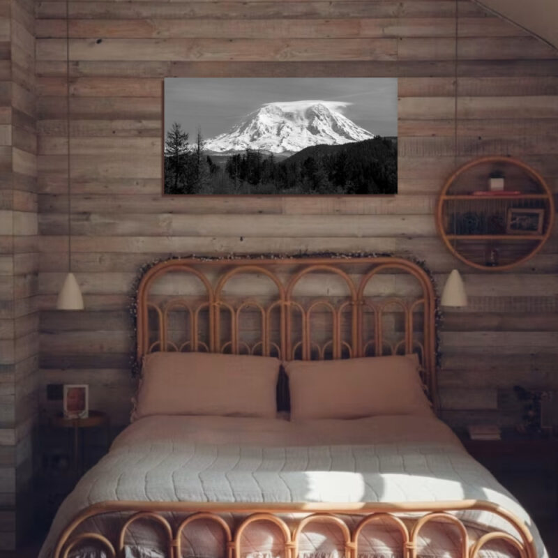 A bedroom featuring the photo titled: Spring Snow on Mt. Rainier, Washington.